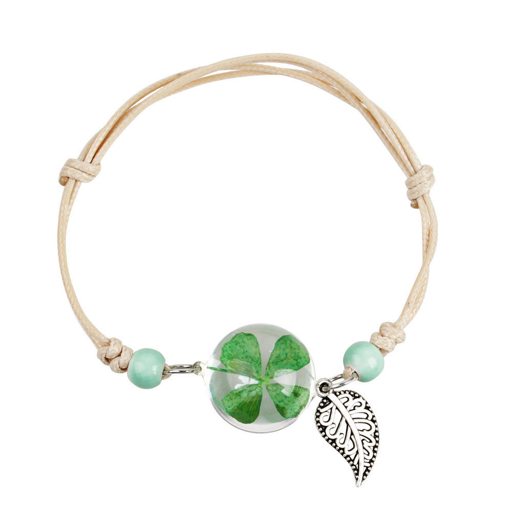 Womens Dried Flower Bracelet With Glass Ball Korean Leaf Design Alloy Herbarium Dandelion Clover Charm Elegant