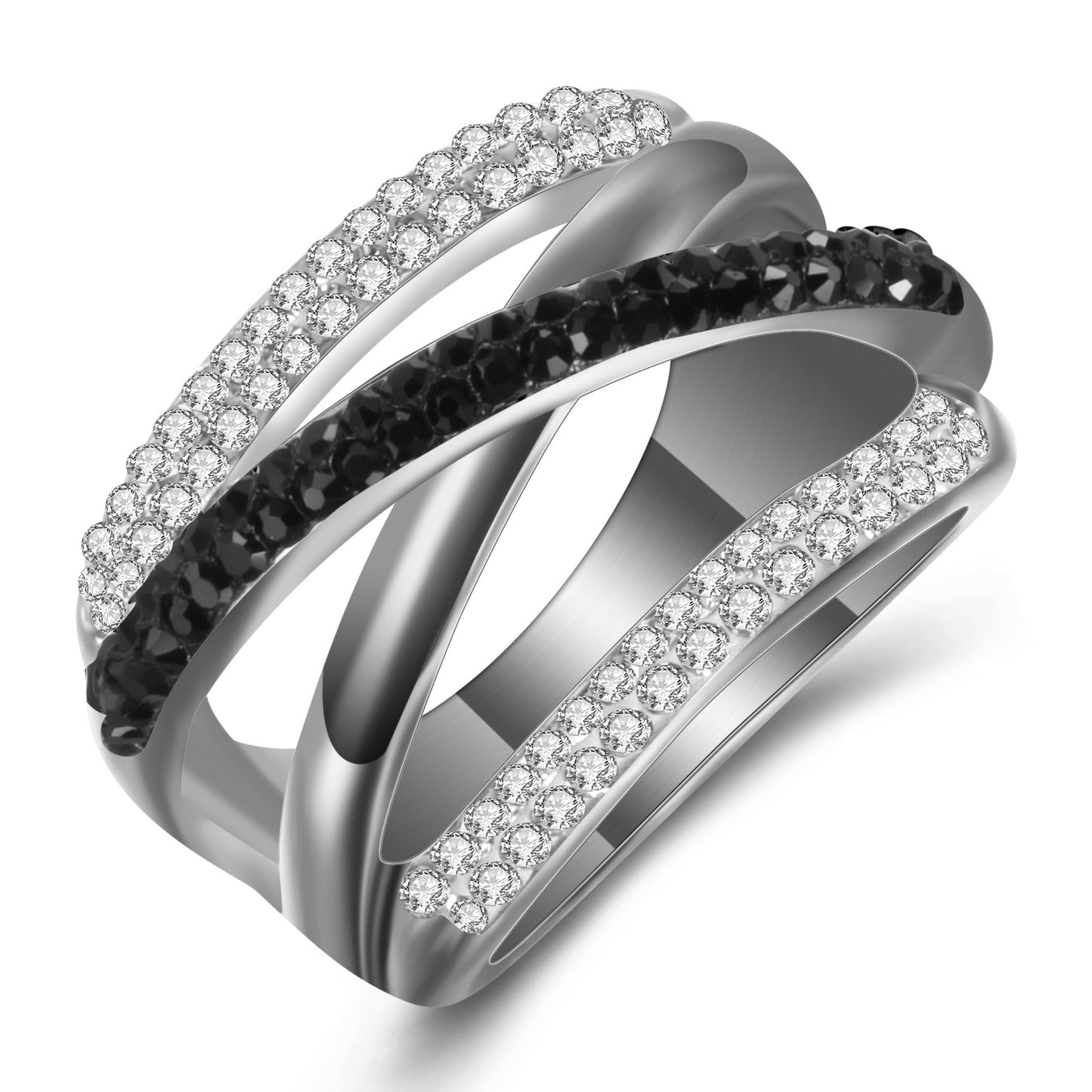 Womens Titanium Steel Ring with Black and White Diamond Inlay Geometric Fashion Ring Silver Ring Womens Ring Gift for