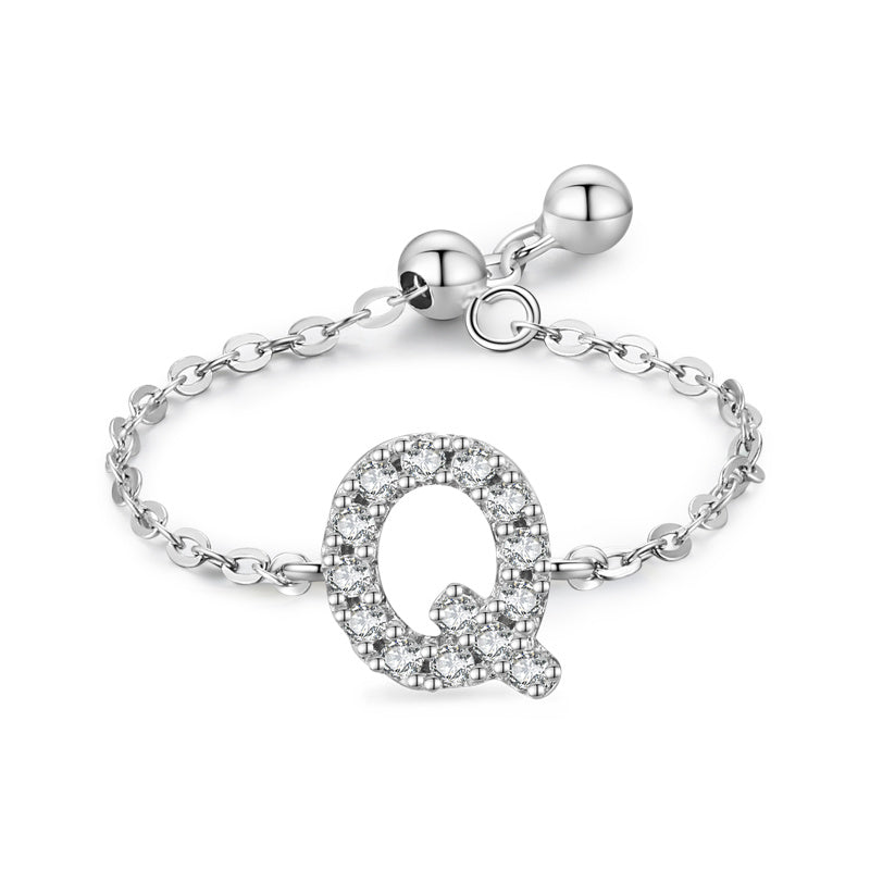 Womens Letter Chain Ring Adjustable Opening Female Fashion Ring Niche Design Love Thin Silver Jewelry English Ring