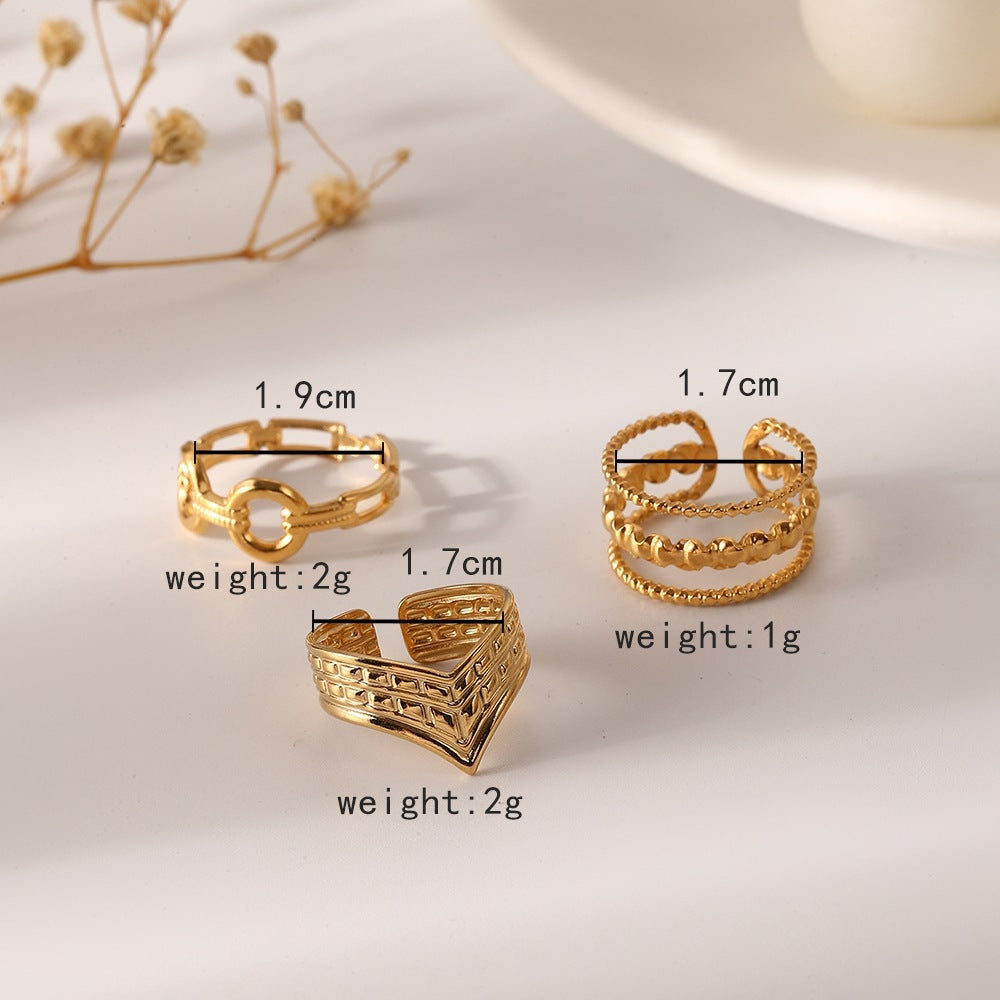 Womens Stainless Steel Ring Set Gold Plated Adjustable Geometric Hollow VO Shape Fashionable Versatile Jewelry