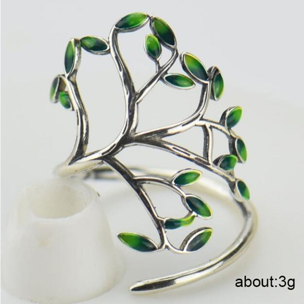 Copper Adjustable Ring With Green Leaf Twig Design Inlaid Zircon Gem Ethnic Style Travel Gift For Everyday Wear