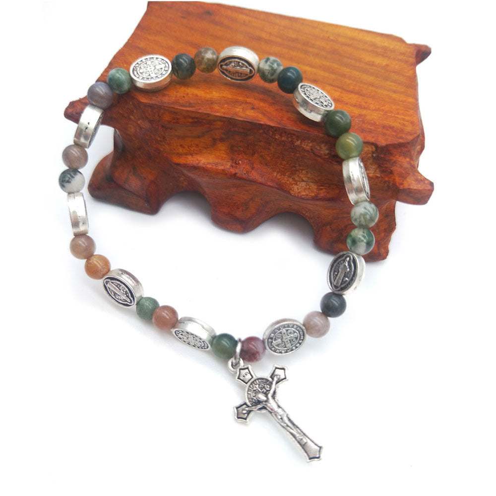 Unisex Rosary Bracelet Indian Agate Cross Beaded Religious Totem Accessory Fashion Jewelry For Men Daily Wear Ready