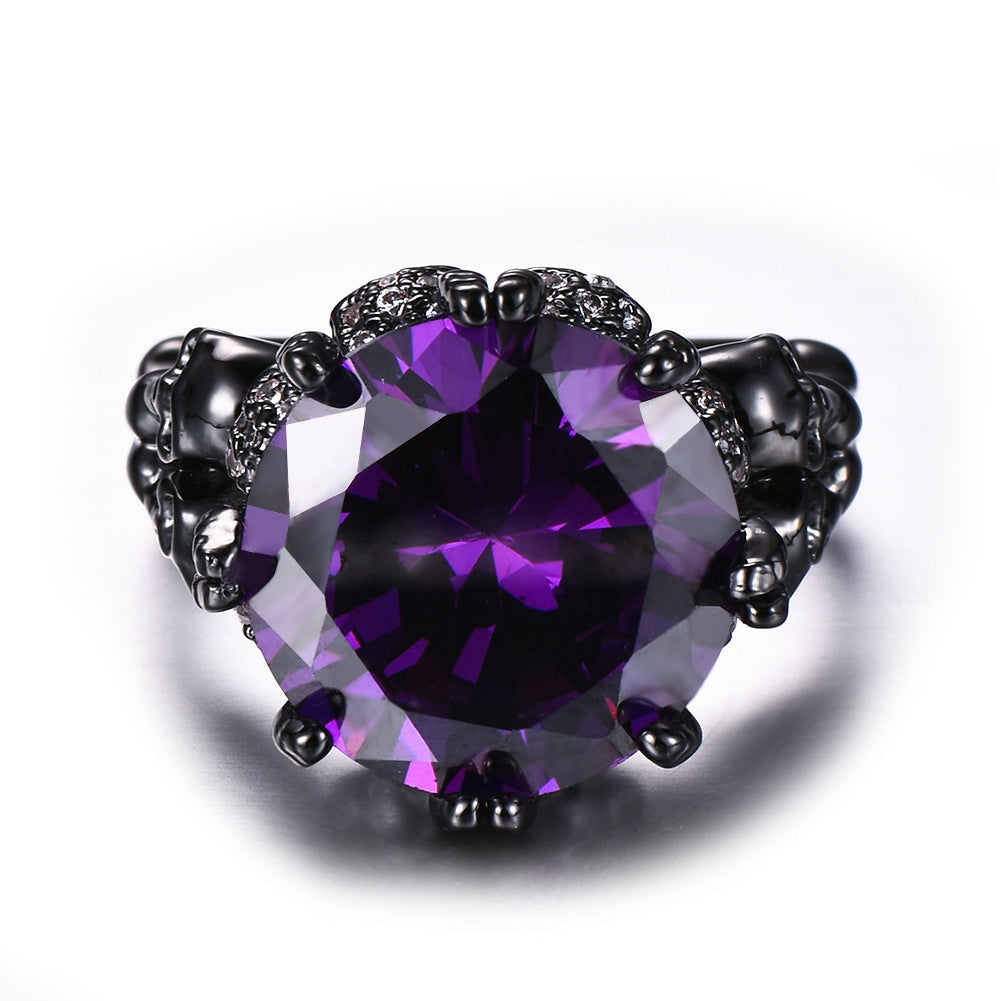 Womens Copper Ring With Electroplating Artificial Gem Inlay Skull Design Black Gold Wedding Ring In Red Purple Green