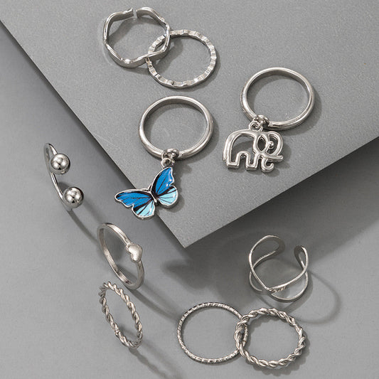 Electroplated Alloy Rings Set Geometrics Unisex Jewelry For Everyday Wear Retro Ethnic Silver Rings Ten Pieces