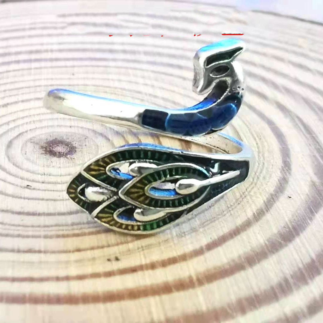 Vintage Unisex Animal Zodiac Ring In Plain Silver Peacock Design Jewelry Gift For Him With Adjustable Fit Gift