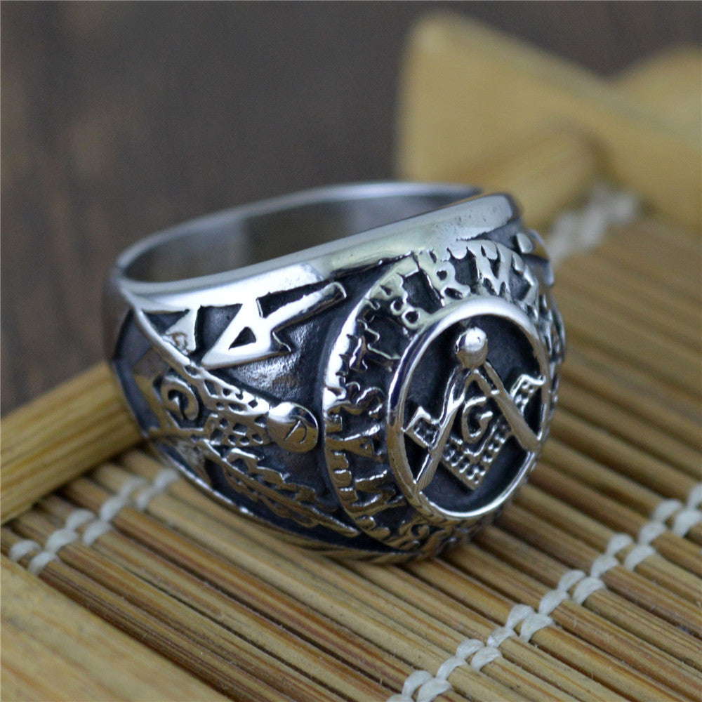 Mens Titanium Steel Masonic Totem Ring Hip Hop Style Jewelry Geometric Letter Pattern Gift Trendy Gift For Him