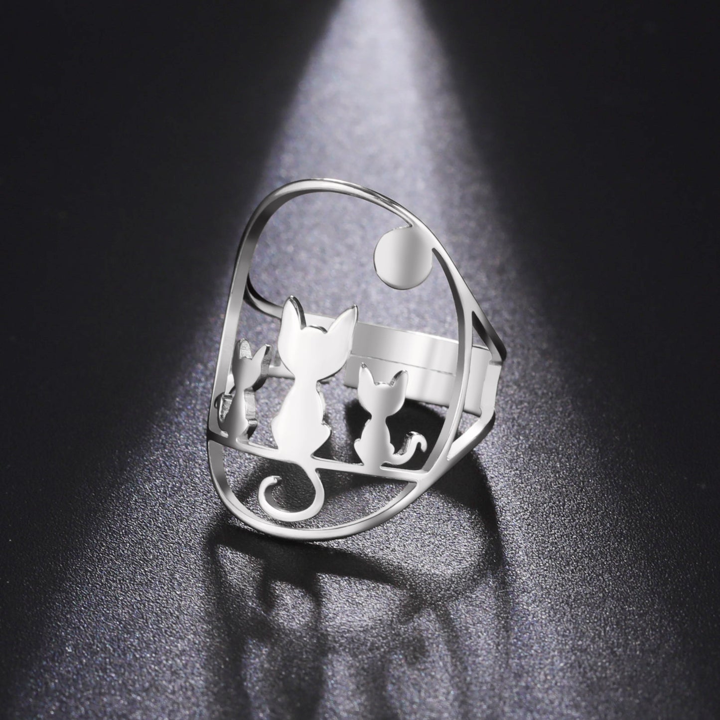 Womens Stainless Steel Ring Geometric Hollow Out Three Cat Design Fashion Jewelry Durable Accessory Daily Wear