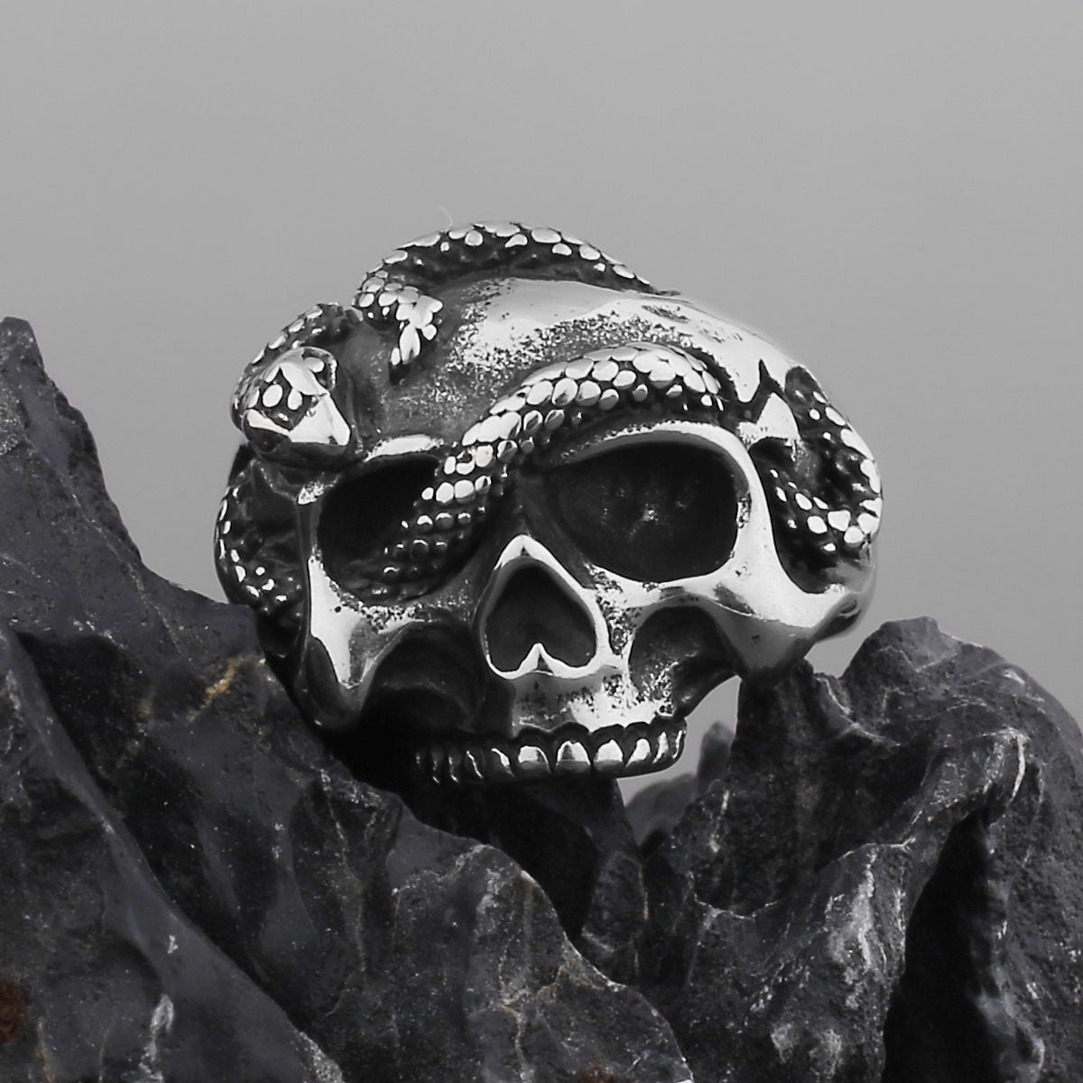 Mens Titanium Steel Ring With Skull Entwined Design Polished Durable Fashion Jewelry Accessory High End Accent