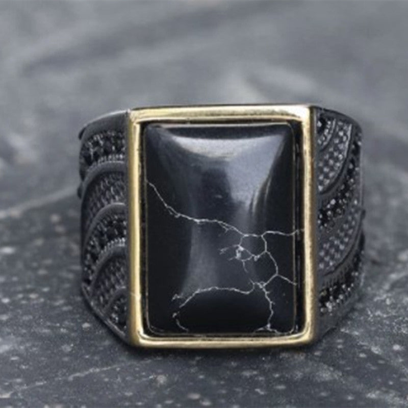 Mens Titanium Steel Ring Black Turquoise Inlay Band Plated Simple Statement Ring Gift For Him Anniversary Ring