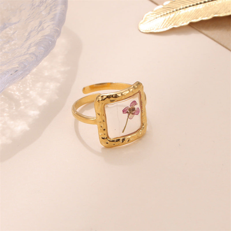 Stainless Steel Preserved Fresh Flower Ring Adjustable Unisex Jewelry Electroplated Elegant Bloom Design Everyday Use
