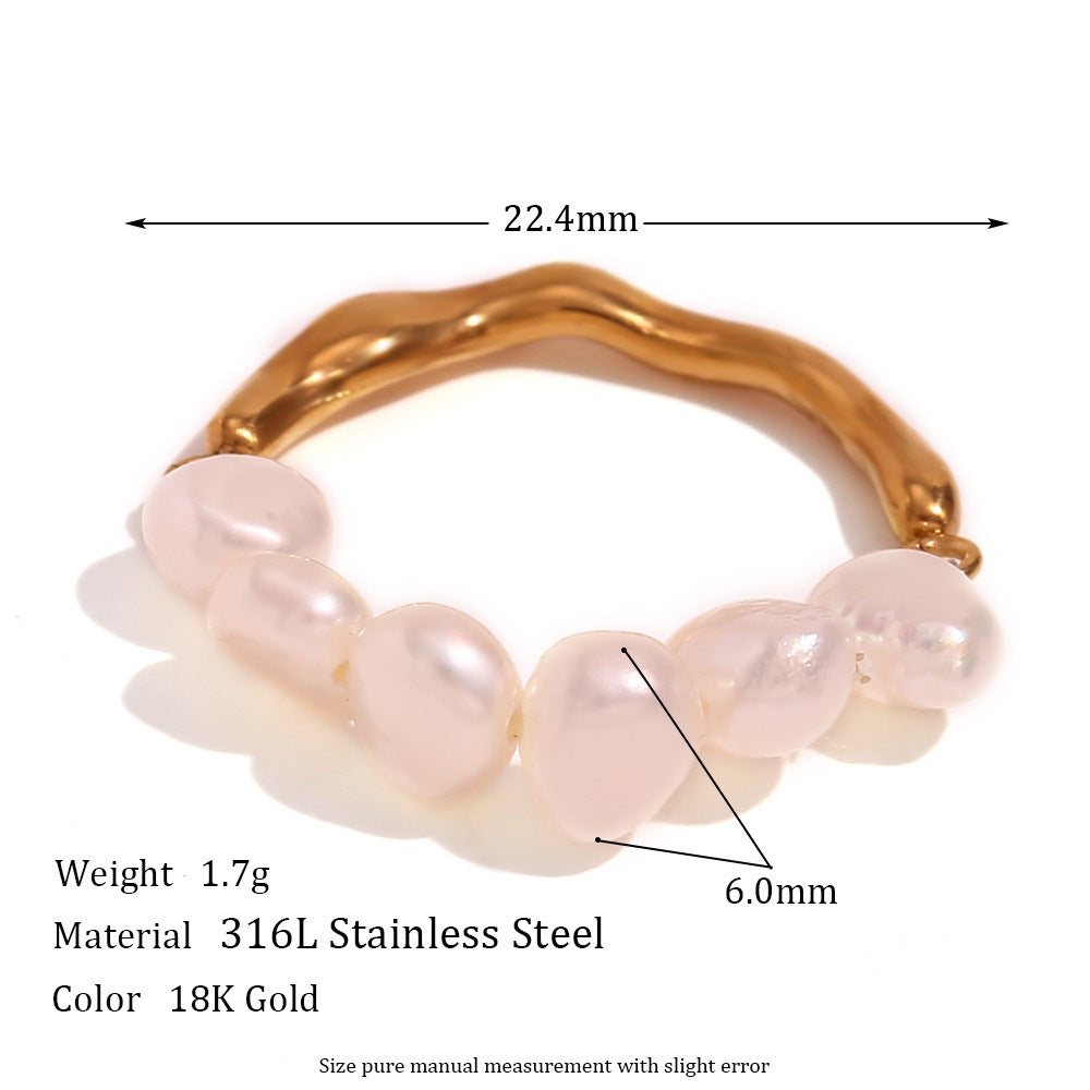 Women Stainless Steel Ring With Freshwater Pearl And Metal Stitching Fashion Jewelry Gift For Her Sizes 6 7 8