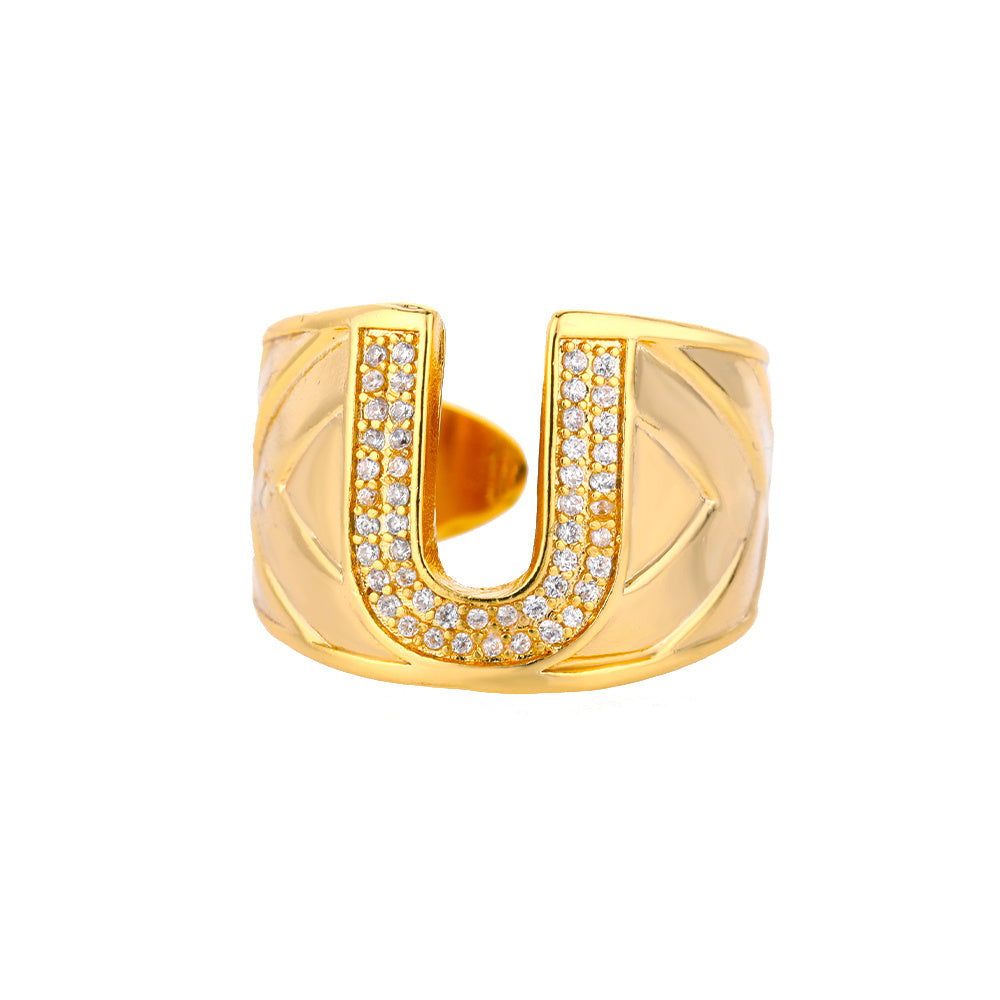 Copper Zircon Letter Ring Adjustable For Women Jewelry