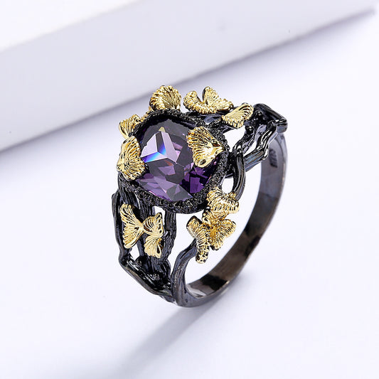 Womens Natural Stone Flower Ring Black Gold Plated Brass Jewelry Statement Durable High Quality Accessory Chic