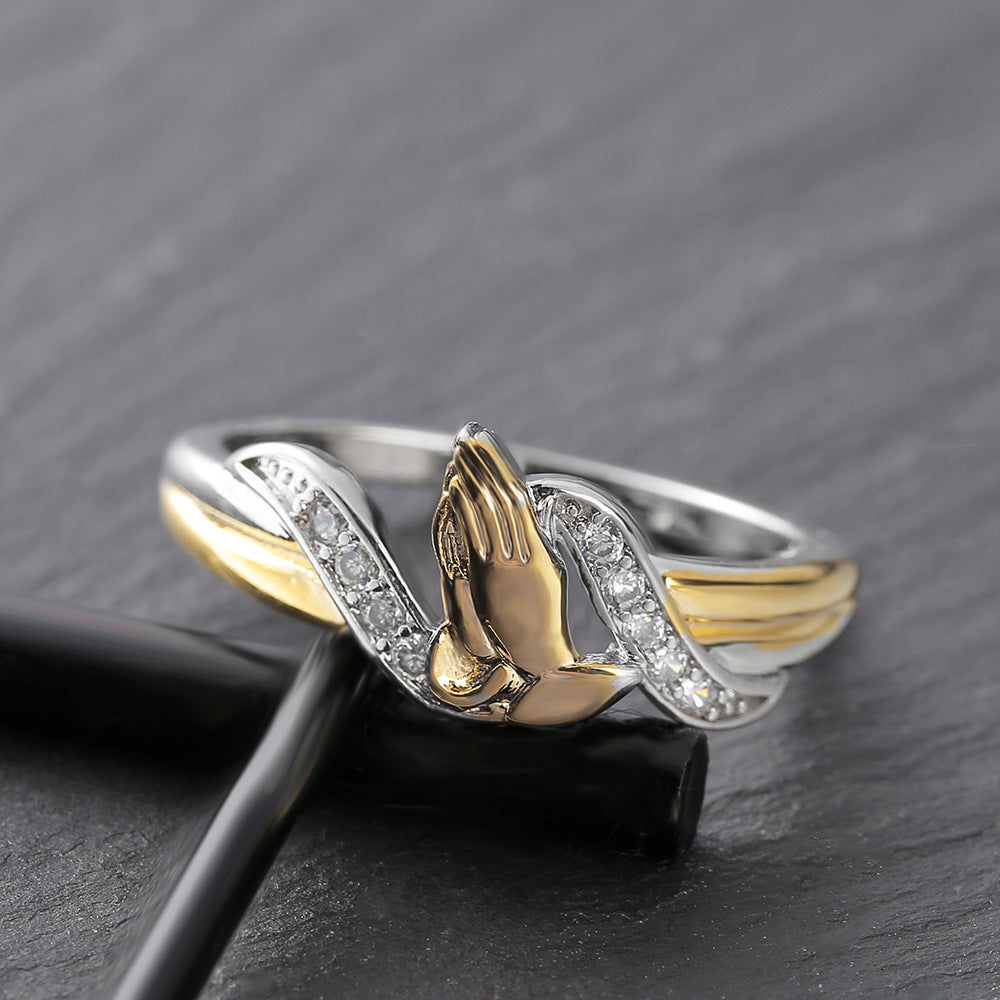 Womens Prayer Hands Ring Two Tone Copper Gold Plated