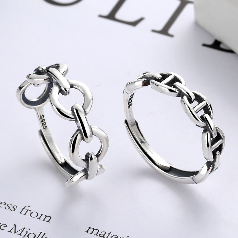 Women Silver Chain Link Ring Adjustable Opening Antique Polished Fashion Jewelry Gift For Her Women Girls Gift