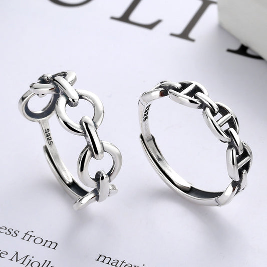Women Silver Chain Link Ring Adjustable Opening Antique Polished Fashion Jewelry Gift For Her Women Girls Gift