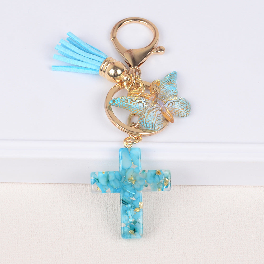 Alloy Keychain With Tassel Butterfly Stone And Epoxy Decoration Cross Crown Roman Numerals Patterns Pink Beige