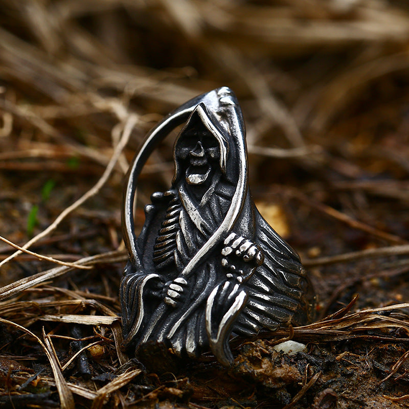 Stainless Steel Skull Ring Death Sickle Retro European American Style For Men With Polished Titanium FinishTop