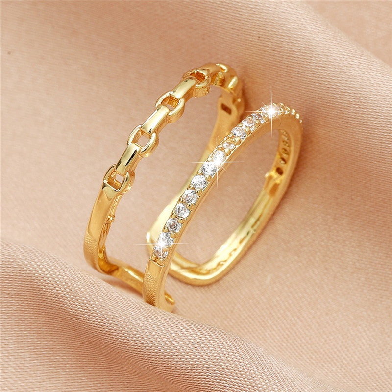 Geometric Hollow Ring Double Row Zircon Copper Band Ring for Women and Girls Everyday Wear Jewelry Gift Always