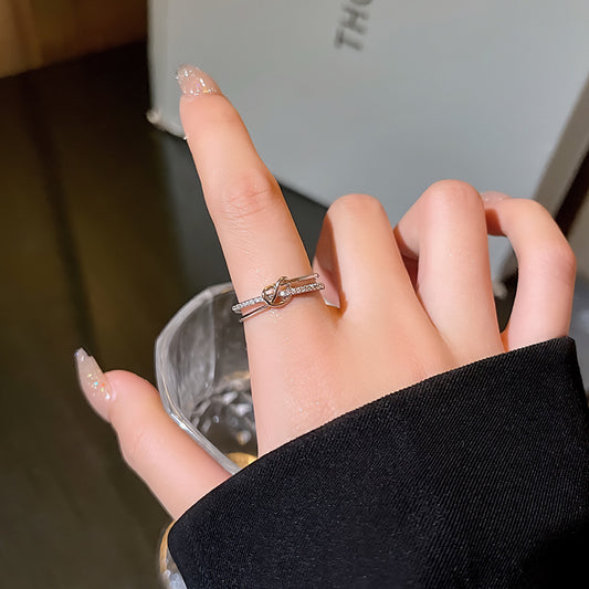 Womens Double Layer Cross Ring Copper Zircon Silver