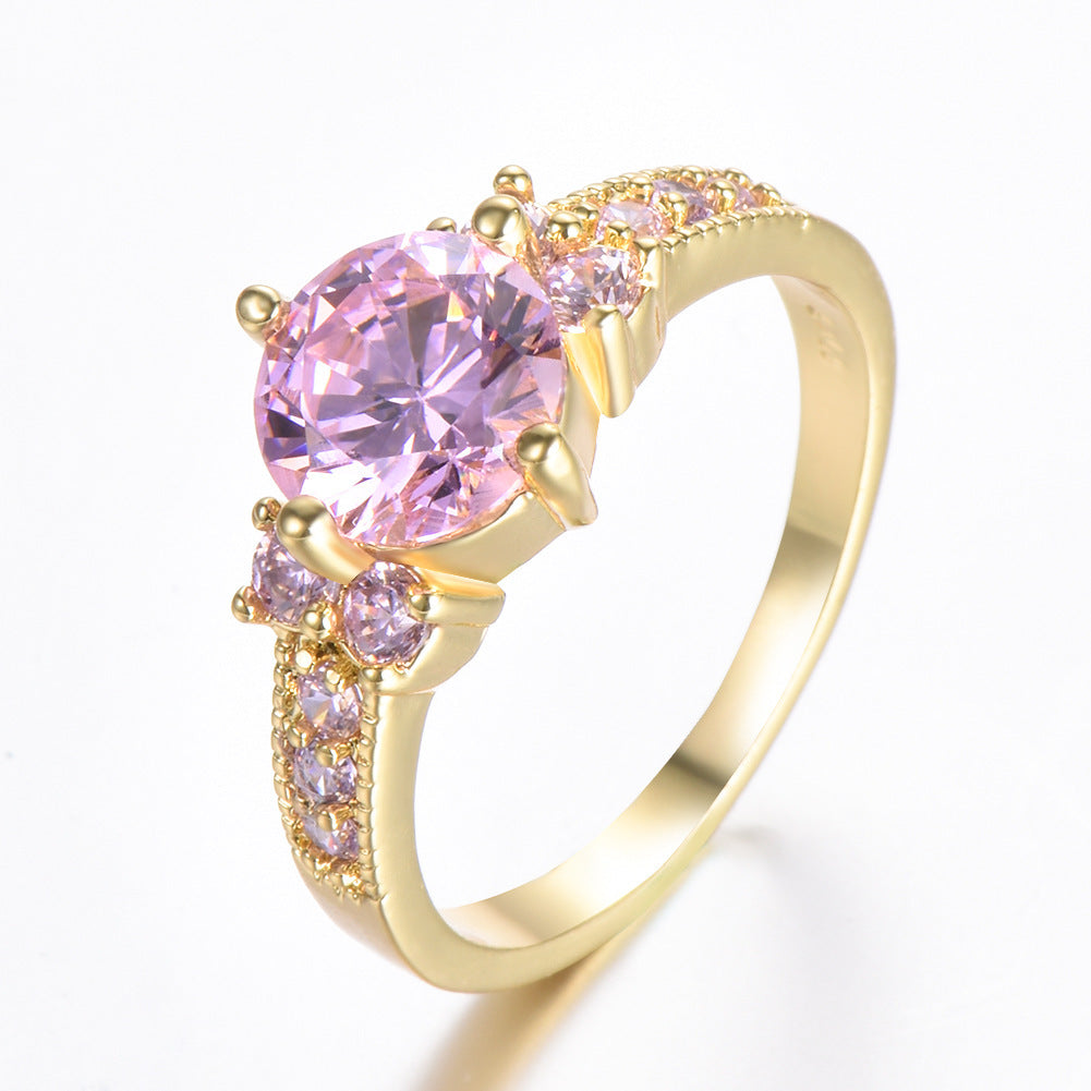 Womens Elegant Zircon Ring Four Claw Round Design Electroplated Brass Sparkling Rhinestone Jewelry For Women Shine