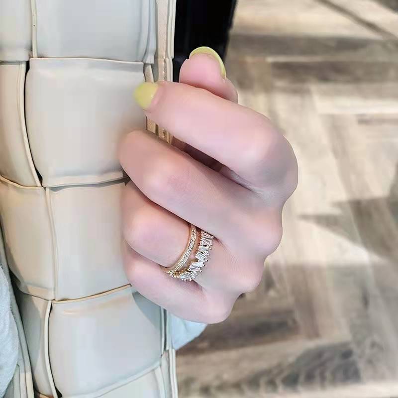 Womens Double Layer Open End Irregular Ring Copper Geometric Design With Zircon Round Accent Jewelry Chic Look