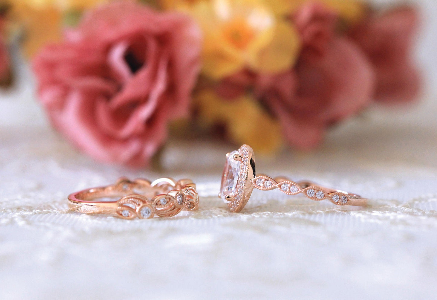 Diamond Zircon Egg Shaped Ring Set For Women In Rose Gold And White Gold Copper Geometric Fashion Jewelry Two Piece Set