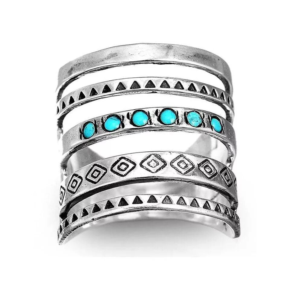 Womens Vintage Turquoise Ring Antique Silver Electroplated Alloy Fashion Ring Hollowed Statement Jewelry Ring