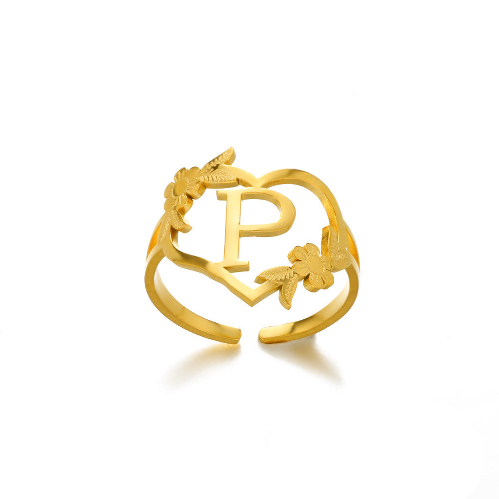 Heart Shaped Initial Rings Women Adjustable Stainless Steel Letters Ring Unisex European Design Letters Numbers