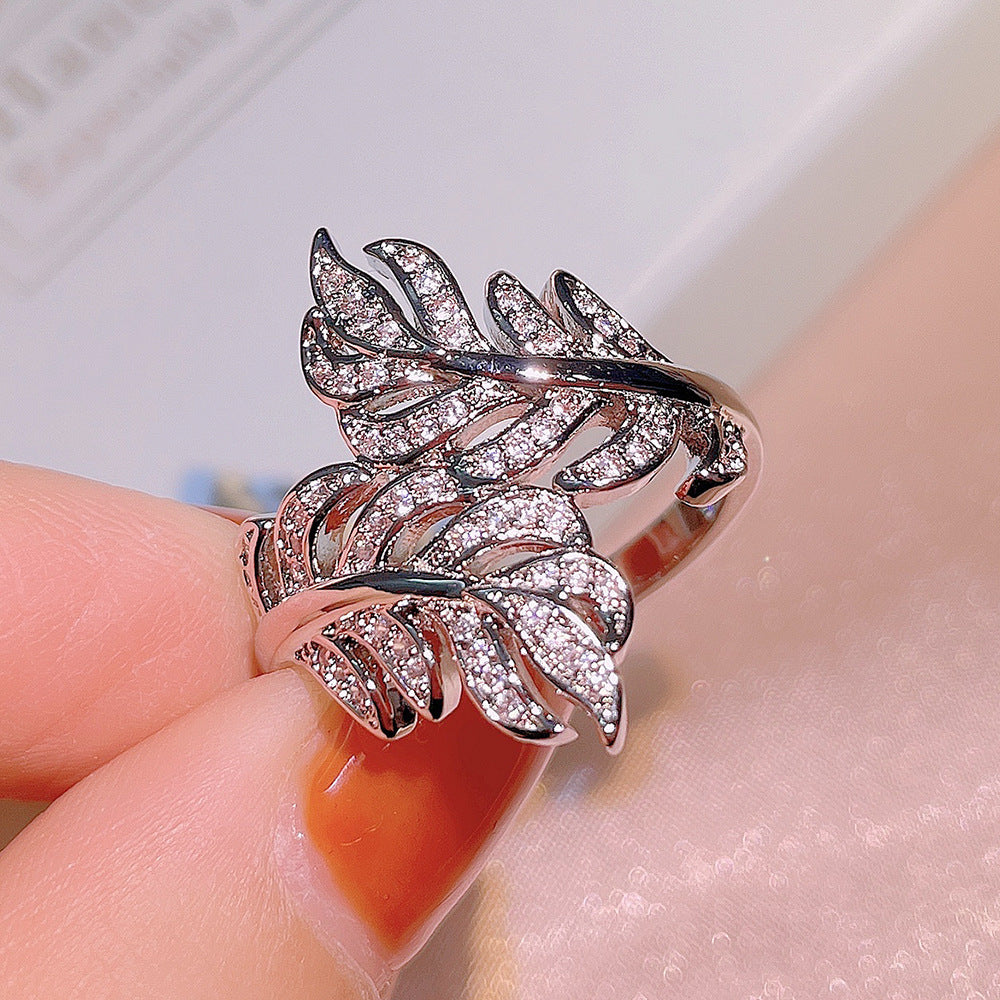 Zircon Ornament Ring Leaf Design Adjustable Size 6 7 8 9 10 Geometry Brass Alloy Inlay Chic Everyday Ring Look