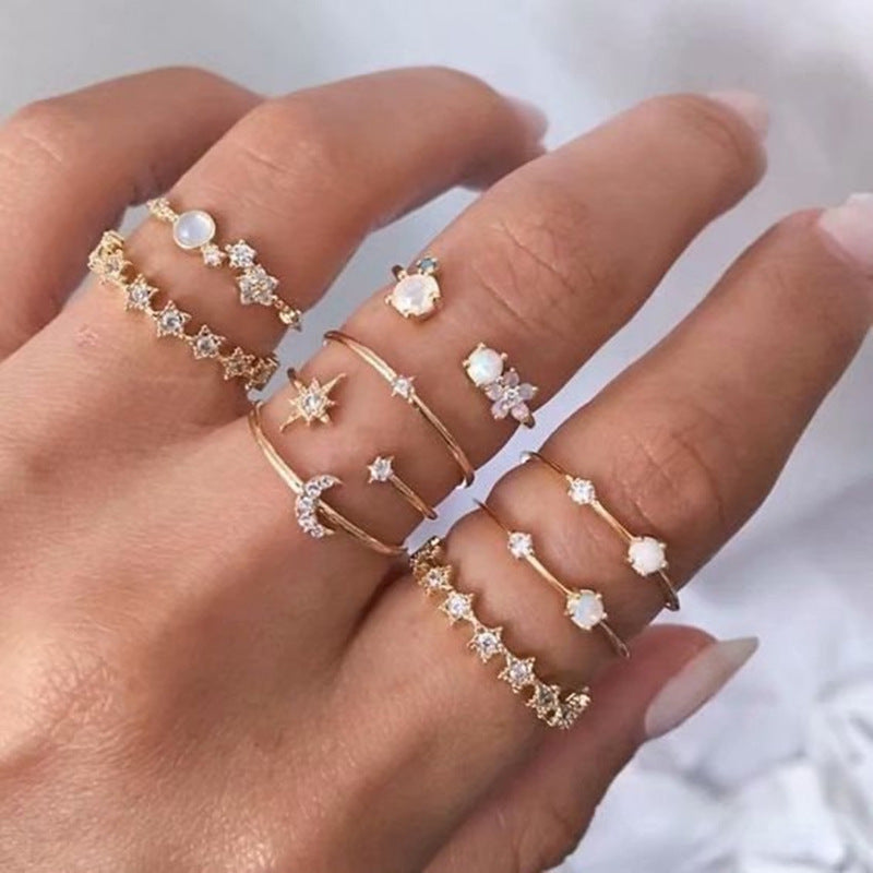 Celestial Star Moon Ring Set Alloy Jewelry Jade Imitation Gem Gift For Her Women And Girls Celestial Style Joy