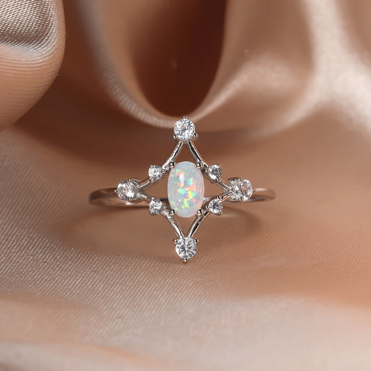 Sterling Silver Ring With Diamond Hollow Design Opal Inlay