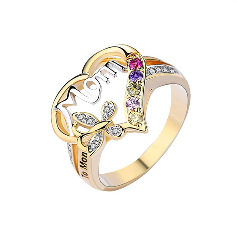 Gold Ring For Women With Rhinestone Butterfly And Heart Design Alloy Jewelry Gift For Mothers Day Elegant Look