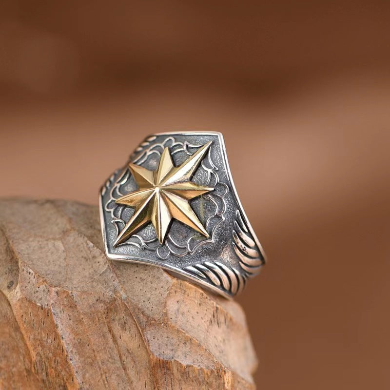 Unisex Adjustable Copper Zodiac Ring Open End Vintage Eight Pointed Star Index Finger Design Ring New Chinese Style
