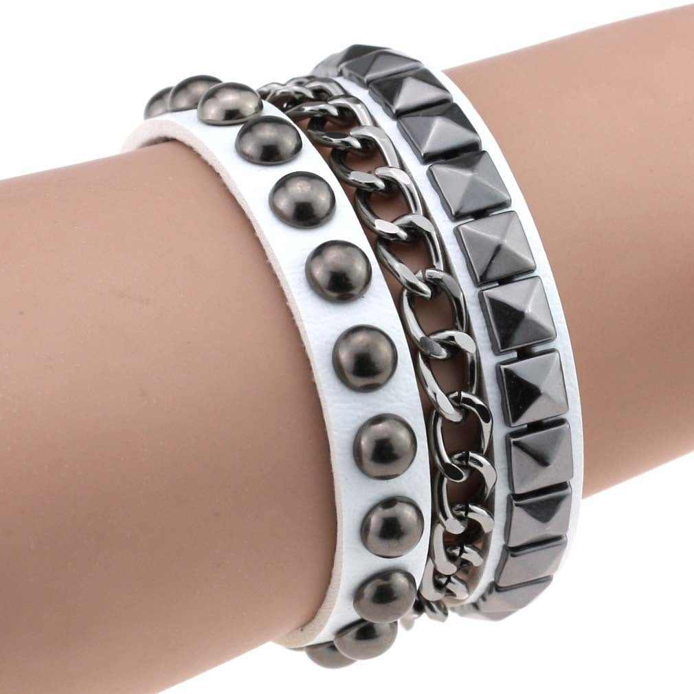 Layered Rivet Leather Bracelet PU Metal Bangle 22cm