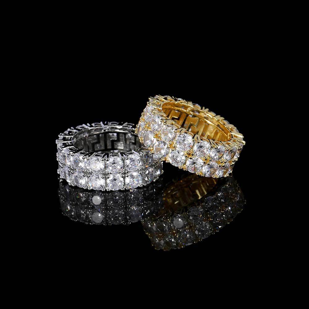 Double Row Diamond Ring Gold Plated Copper Jewelry Geometric Design Hip Hop Style Inlaid Zircon Radiant Zircon