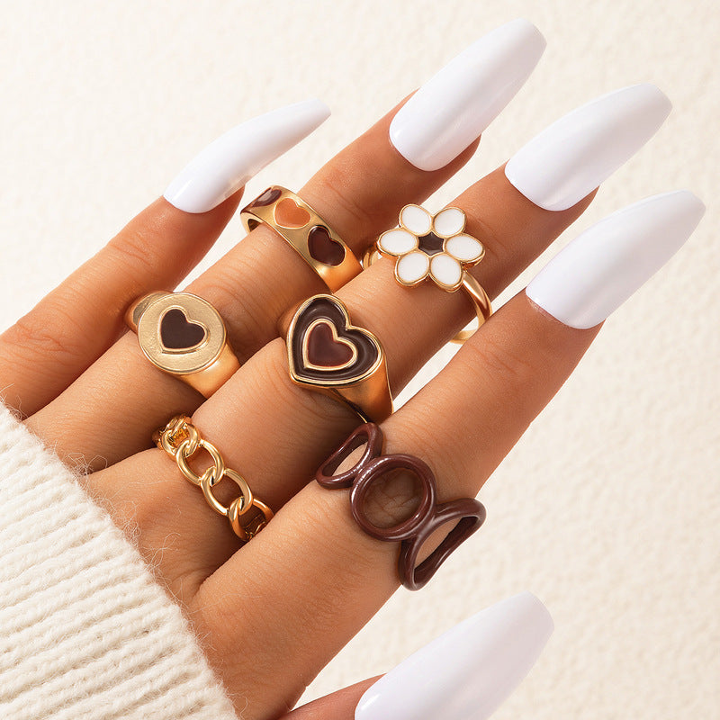 Womens Fashion Rings Set Geometric Alloy Flower Design Drip Oil Treatment Costume Jewelry Brown Rings Drip Oil