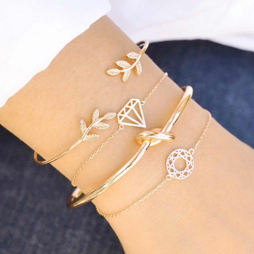Geometric Alloy Bracelet Set With Gem Inlays Triangular Love Design Jewelry Gift For Her Collection Lightweight Chic
