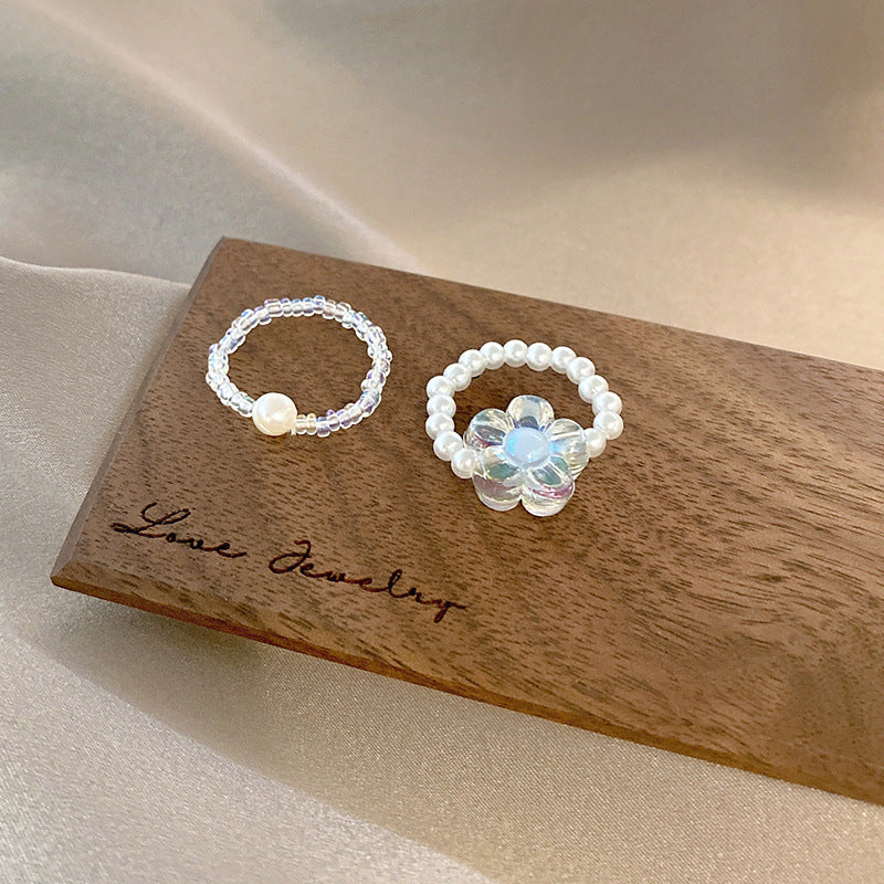 Womens Pearl Rings Set Of 2 Adjustable Elegant Acrylic Rings Elastic Rope Two Piece Ring Fairy Rings For Women
