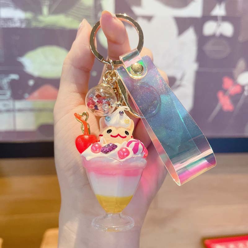 Animal Ice Cream Keychain Resin Doll Shaped Key Chain Metal Accessories Novelty Gift White Rabbit Cat Pendants