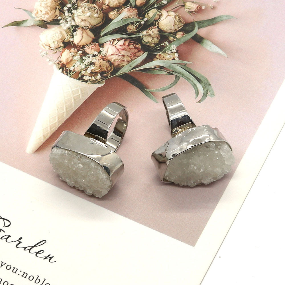 Natural White Crystal Ring Irregular Oval Bohemian Pastoral Fashion Jewelry For Women And Girls Durable Accessory