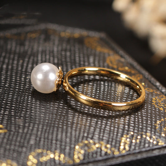 Gold Plated Pearl Ring Titanium Steel Geometric Round Ring Electroplated For Women Gift Classic Gift For Women Everyday