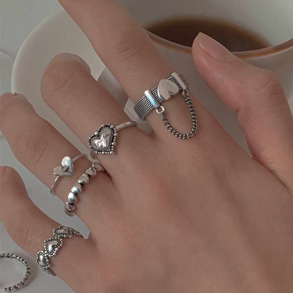 Women Heart Ring Set Adjustable Alloy Rings Silver Korean Vintage Style Heart Shape Jewelry Gift For Every Day