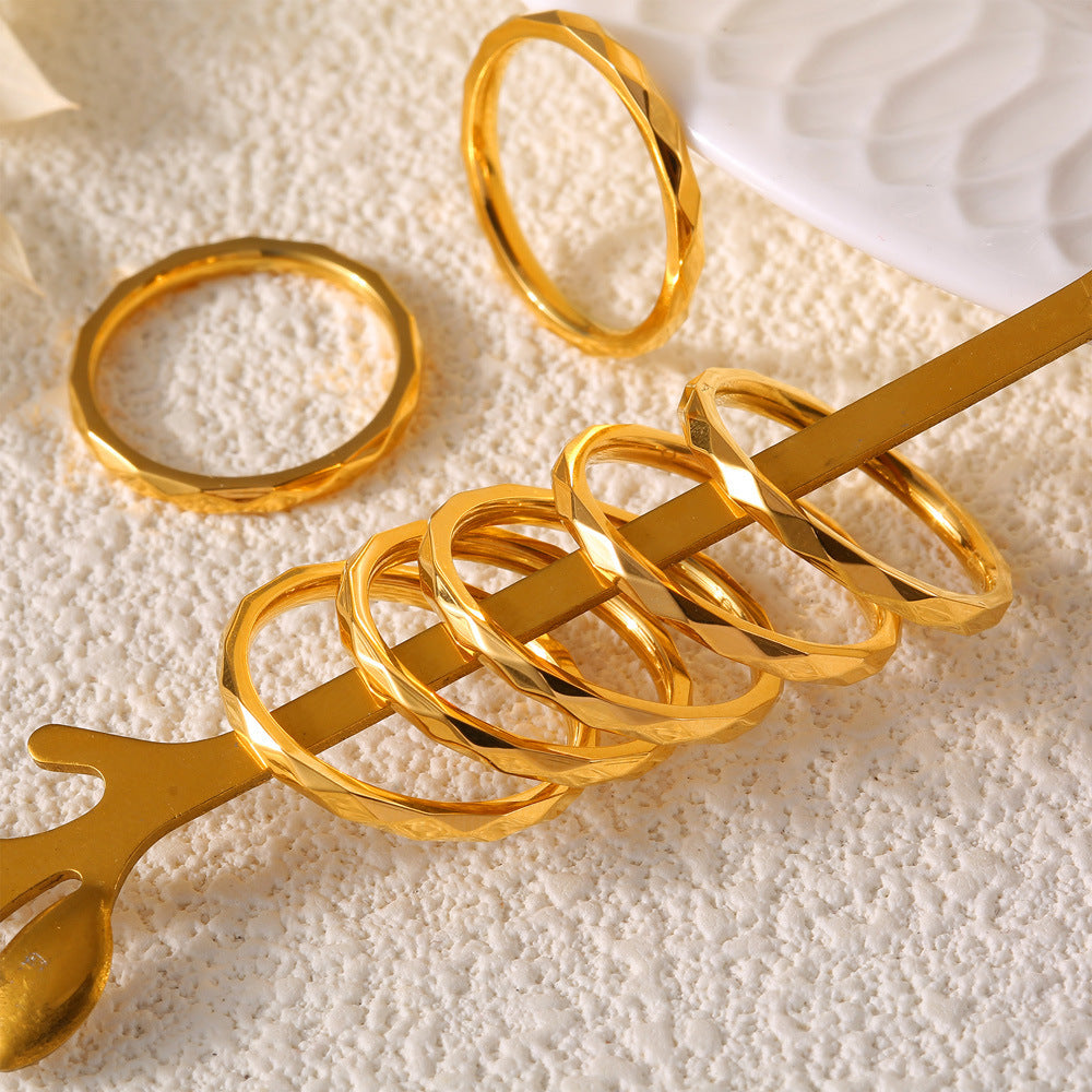 Personalized Minority All Match Fashion Geometry Pattern Prismatic Design Ring Golden Titanium Steel For Women