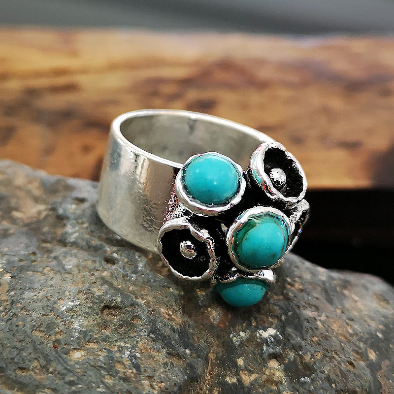 Womens 925 Sterling Silver Rings Vintage Thai Flower Turquoise Gemstone Electroplated Retro Floral Design Gifts