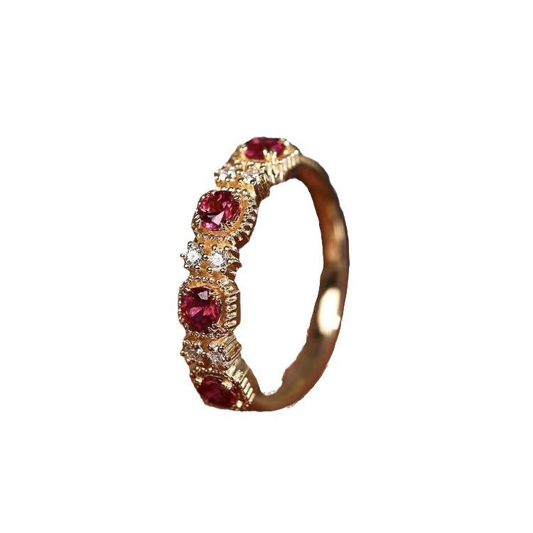 Womens Adjustable Red Copper Ring With Geometric Design And Four Diamond Accents And 18K Gold Inlaid Detailing