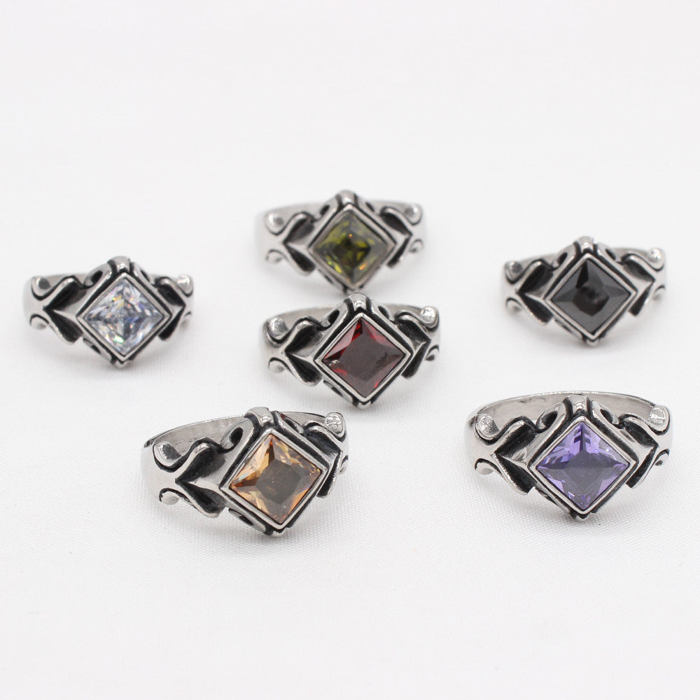 Titanium Steel Ring With Red Stone Retro Gem Accents