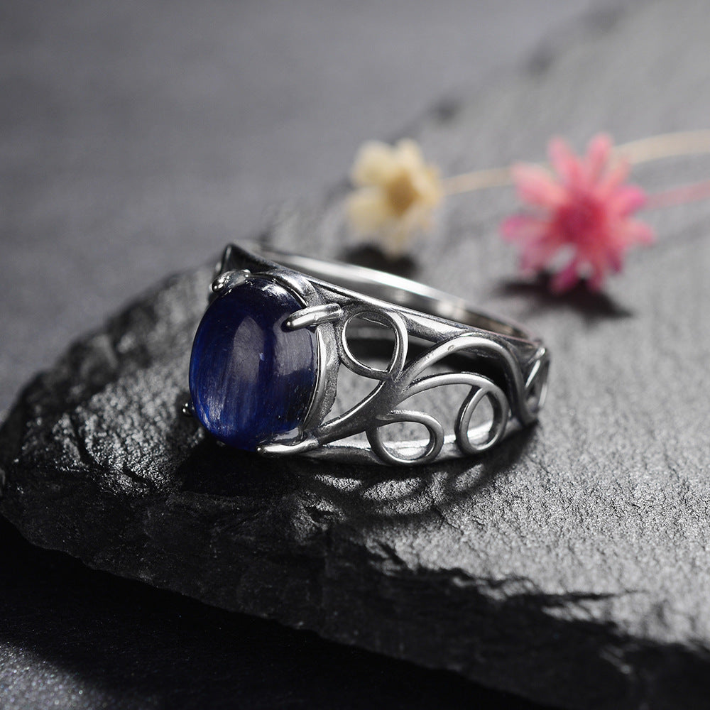 Women's Retro Ring with Natural Gemstone Hollow Pattern Copper Band Statement Ring for Her Vintage Inspired Jewelry Gift US Size 6 7 8 9 10