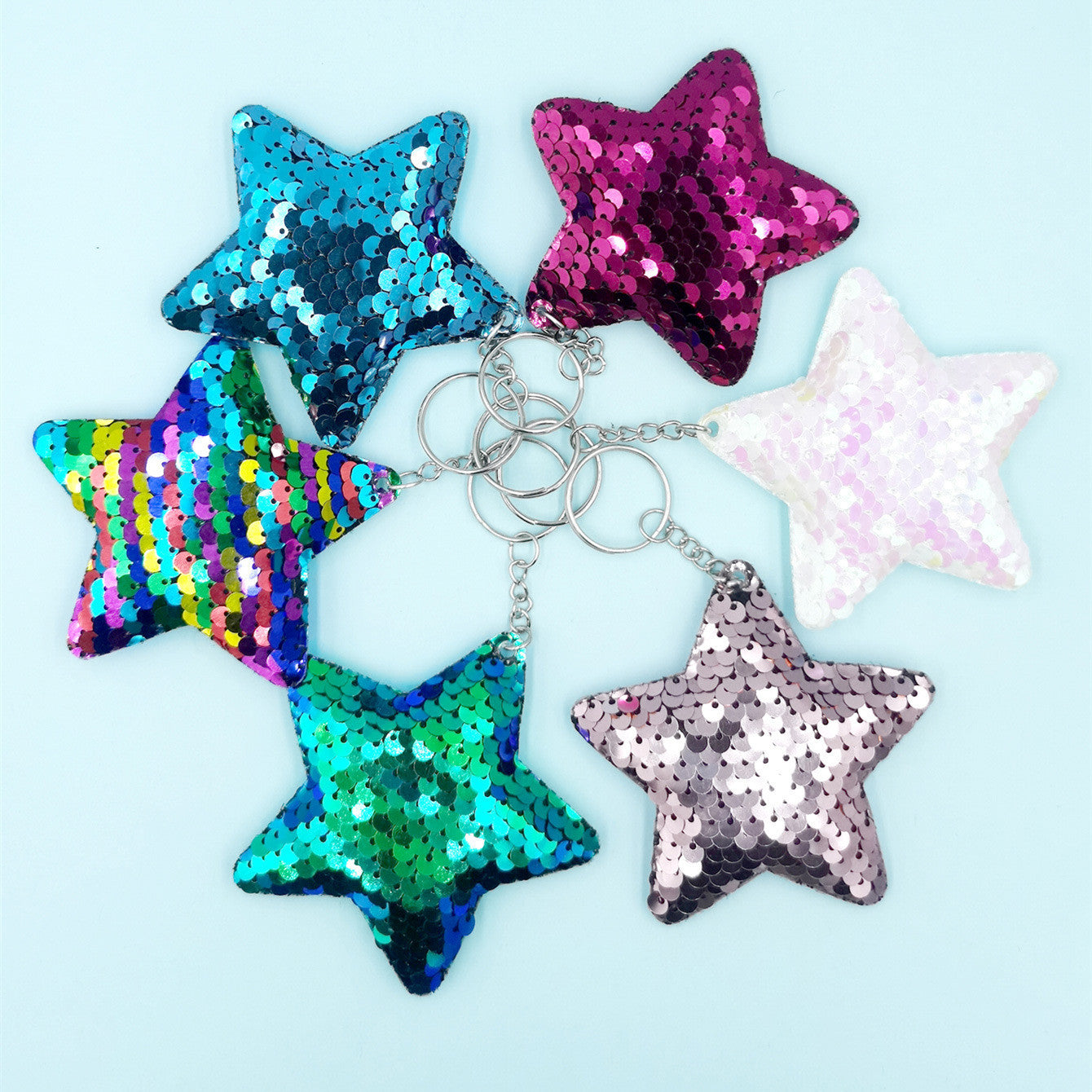 Sequined Five Pointed Stars Keychain Set Double Sided Metal Buckle Unisex Keychains For Keys Everyday Keychain