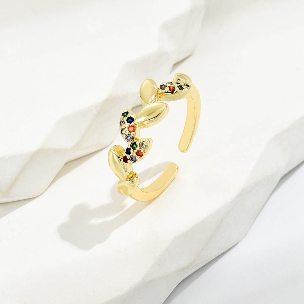 Womens Open Ring Copper Heart Shaped Design With Geometric Round Elements And Colorful Leaves Pink Yellow Shine